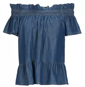 $134 NEW TAGS ATOS LOMBARDINI Denim SHIRT BLOUSE TOP OPEN SHOULDERS IT42 US 6/4 - Picture 1 of 2