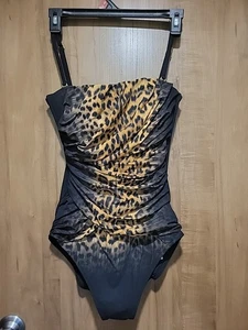Gottex Black With Lepard Print Front Ladies Bathing Suit "New " Size 8 - Picture 1 of 13