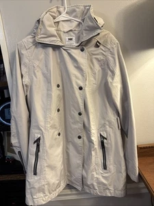 Women’s Helly Hansen Wesley Trench Raincoat Hood Beige Large Missing Belt - Picture 1 of 14