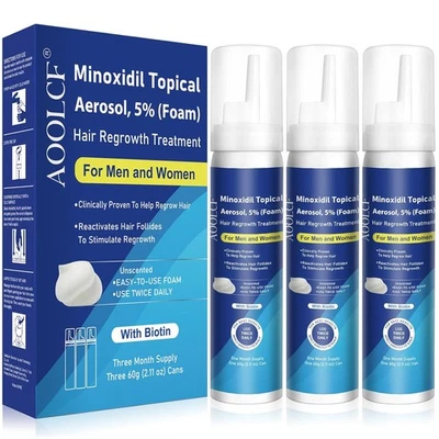 5% espuma tópica de minoxidil, para hombres y mujeres, paquete de 3 espuma azul  Foto 1 de 4