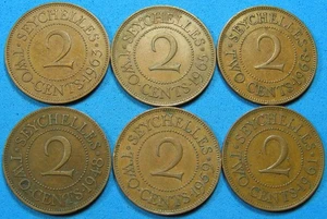 Seychelles Lot of 6 Coins 2 Cents 1948 to 1968 Diff Dates, Combined Shipping - Picture 1 of 2