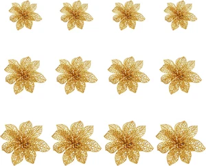 Euvoym 12 Pieces Gold Christmas Large Poinsettia Glitter Flower Tree Hanging ... - Picture 1 of 15