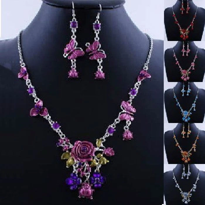 Set Collier Strass Blumen Schmuckset Ohrringe Rosen Blüten Schmetterlinge Farben - Bild 1 von 1