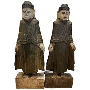 Antique Vintage Burmese Wooden Hand Carved Figurines Monks Men Pair Old 14" Tall - Picture 1 of 14