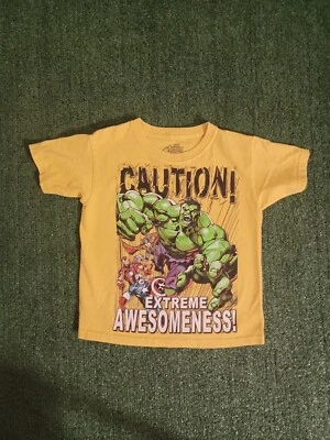 Youth Marvel Caution Extreme Awesomeness T Shirt Size 6-7 - Image 1 of 4