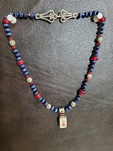 MAHJONG BEADED SLIDER CHARM NECKLACE- BLUE,RED & SILVER - Picture 1 of 18
