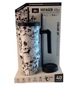 HydraPeak Water Bottle Tumbler Voyager 40 oz Stainless Steel SKULLS & FLOWERS - Picture 1 of 2