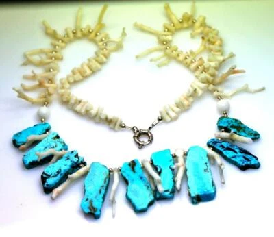 ~MGJ~ MUITO BOM~ Colar de Prata Esterlina Laje Turquesa_Vintage Branco CORAL 25" LONGO - Imagem 1 de 4