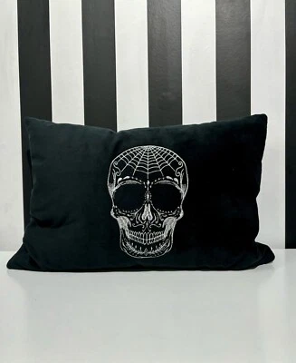 🖤 Rachel Zoe Black Velvet Silver Skull Embroidered Gothic Cushion Halloween - Image 1 of 4