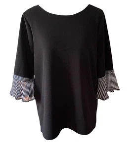 Chico’s 3/4 Bell Sleeve Top V Neck Back W/Striped Ribbon Tie Black Knit Size 2 - Picture 1 of 5
