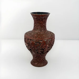 Antique Chinese Cinnabar Vase Hand Carved Wood 9” - Picture 1 of 3