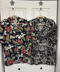 Two Hilo Hattie Hawaiian Shirts Size 2 xl Black Floral & B/W Fish/Shell pattern - Picture 1 of 9