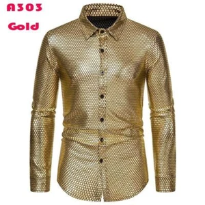 Black Sequins Glitter Dress Shirt Mens Long Sleeve Button Down Party Dance Shirt - Picture 1 of 43
