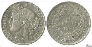 France 5 Francs 1849 BB Strasburg / Ceres / 25 Gr. Silver MBC VF+ KM00761 - Picture 1 of 1