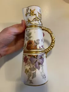 Antica brocca vino porcellana Royal Worcester dorata floreale felce rosa 1047 - Foto 1 di 15