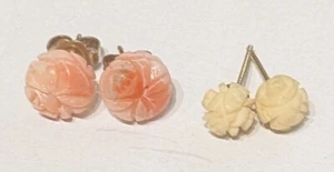 2 Pairs Hand Carved Earrings 14K Yellow Gold Coral - Picture 1 of 9