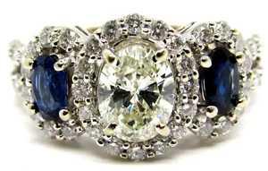 18K WHITE GOLD .750 OVAL DIAMOND & SAPPHIRE ACCENT HALO RING ESTATE SIZE 6 - Picture 1 of 11