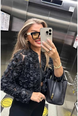 ZARA Black Textured Fabric Floral Zip Up Jacket Size S Bloggers Fave 6318/227 - Image 1 of 4