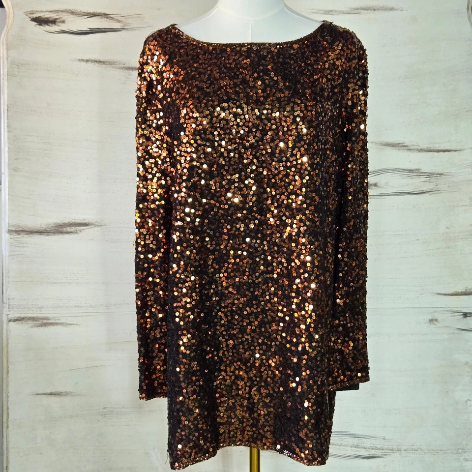 Платье цельнокроеное Blacktie Oleg Cassini большое бронзовое медное вечернее коктейльное с блестками - Изображение 1 из 4