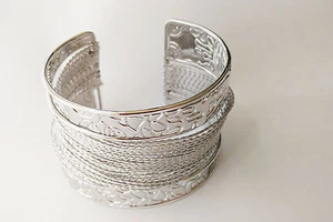 Beauty Simple Silver Plated Carving Fine Wire Metal Bangle Cuff - Picture 1 of 4