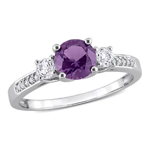 Amour 10k White Gold Simulated Alexandrite and Diamond Three-Stone Ring - Picture 1 of 7