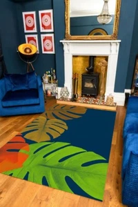 Modern Green Orange Tropical Plant Print Area Rug Washable No Slip Durable Rugs - Picture 1 of 7