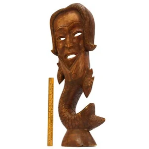 Vintage HAND-CARVED WOOD MERMAN WALL-HANGING 25" Hardwood Man/Fish Statue UNIQUE - Picture 1 of 11