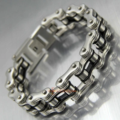 Pulsera de acero inoxidable plateada/negra de cadena para motociclista para hombre y niño Foto 1 de 4