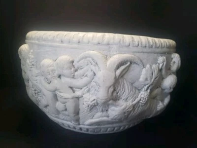 Vtg Cement Shabby Chic Planter Cherubs And Ram 6in  - Image 1 of 4