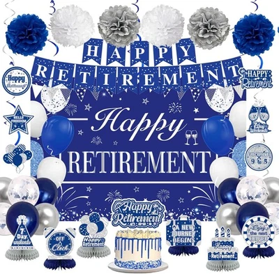 Decoraciones de fiesta de jubilación para hombre mujer azul plata feliz  Foto 1 de 4