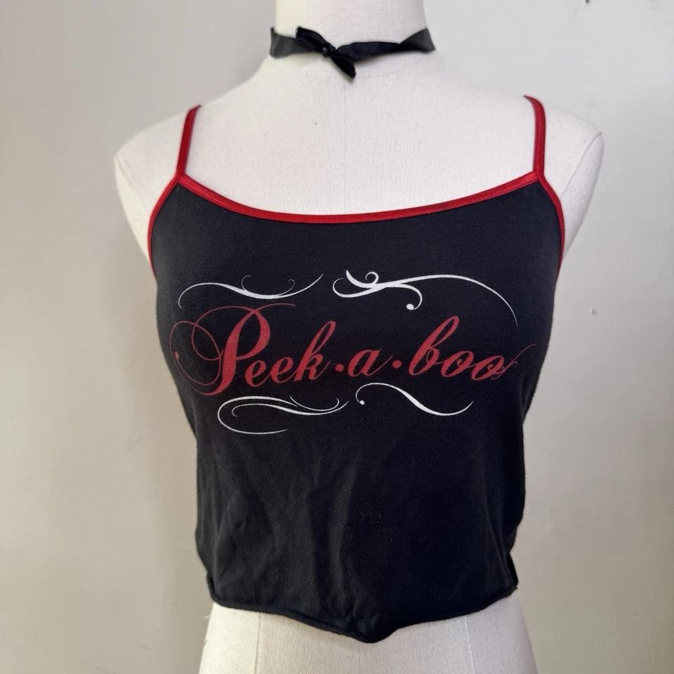 Camiseta sin mangas Y2K PEEKABOO negra roja cami bebé corte Mallgoth hada bruja gótica S Foto 1 de 4