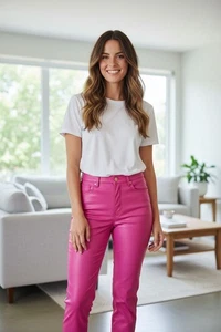 Judy Blue Hot Pink Faux Leather Tummy Control High Rise Straight Pants 11/30 - Picture 1 of 11