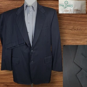 Tom James Bespoke 2 Piece Suit Mens 44R 38X30 Black Blue Stripe Double Vented - Picture 1 of 12