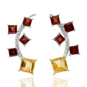 Garnet & Citrine Ear Climber Earrings Sterling Silver Gemstone Curve Jewelry - Picture 1 of 6