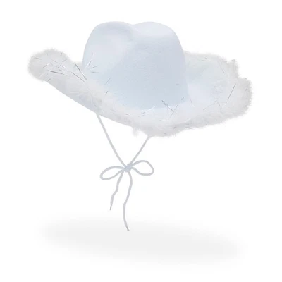 Womens Cowboy Hat - Cute, Fluffy, Sparkly Cowgirl Hat with Feathers (White) - Image 1 of 4