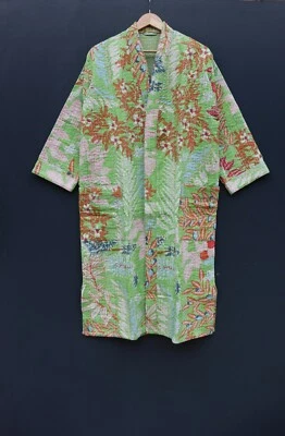 Handmade Leaf Print kantha jacket Japanese kimono style blue Floral kantha robe  - Image 1 of 4