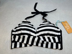 Women's Faux Wrap Halter Bikini Top - Kona Sol™ Black & White Stripe Size: XS - Picture 1 of 4