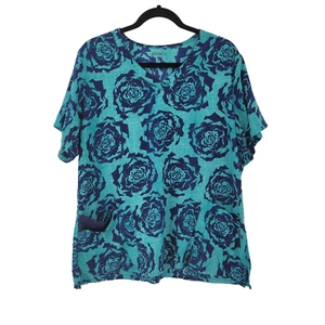 Jockey Women’s XL V Neck Scrub Top Roses Silky Feel Teal Blue Floral - Picture 1 of 7