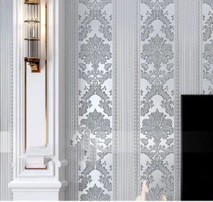 Unprepasted Luxury 3D Damask Stripes Wallpaper Grey Silver Floral Textured Walls - Picture 1 of 4