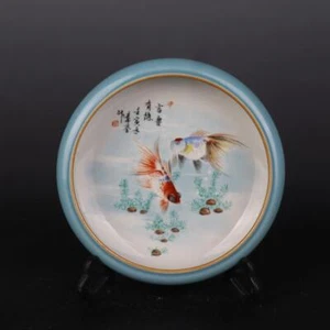 8.4" China Famille Rose Porcelain Green Glaze Two Goldfish Water Scrubbing - Picture 1 of 5