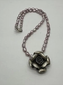 17" Lavender Cultured Pearls Necklace w/ Sterling Silver & Flower Pendant - Picture 1 of 5