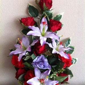 Lily Rose Grave Pot Artificial Silk Flower Arrangement Flat Back Memorial Floral - Picture 1 of 6