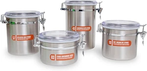 Set of 4 Stainless Steel Kitchen Storage Jar Containers Seal Tight Lids - Picture 1 of 12