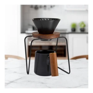 Pour Over Coffee Maker Set with Ceramic Cone Wood Ring and Stainless Steel Stand - Picture 1 of 9