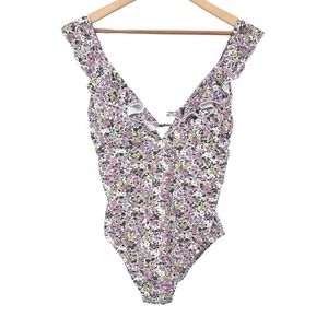 Lands' End Piqué Rüschen Einteiler Badeanzug weiß Multi Ditsy Blumen 12 neu ohne Etikett - Bild 1 von 8