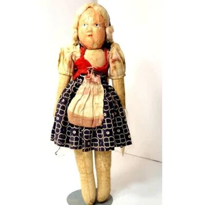 12" 1940s Old Vintage Rag Doll W/White Mohair Braids, Painted Crackled Mask Face - Picture 1 of 9
