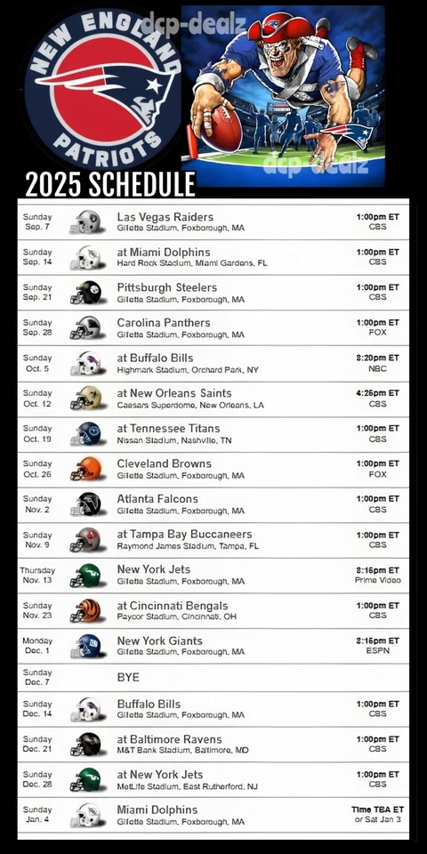 NEW ENGLAND PATRIOTS 2025 NFL Football Schedule Fridge Magnet 4" x 8"