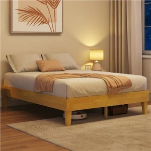 Wood Bed Frame w/Plywood Slats Underbed Space Easy Assembly, Natural Wood Finish - Picture 1 of 26