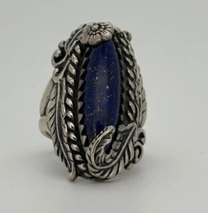 ⭐️CAROLYN POLLACK - Sterling 925 Lapis Oval Ring Southwestern Blume Gr. 6 ⭐️ - Bild 1 von 7