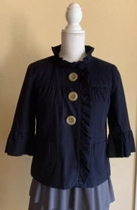 EUC J. CREW Ivory Cotton Three Quarter Sleeve Navy Blue 3 Button Jacket Sz 2 - Picture 1 of 11